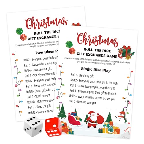 Gift Exchange Dice Game, 20 Cards +2 Dices, Swap Game, Christmas Family Games, Xmas Party Supplies for Winter Holiday, dg01