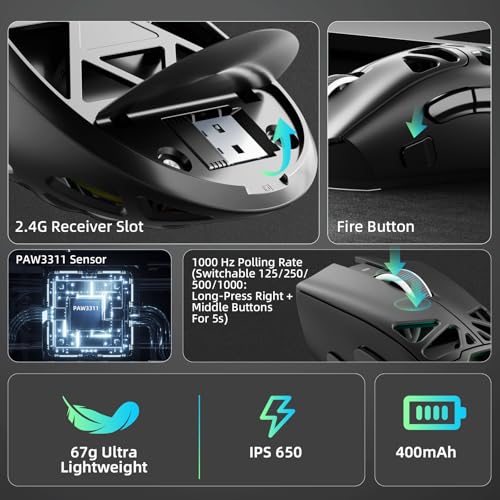 Aula SC620 Wireless Gaming Mouse, Tri-Mode 2.4GHz/USB-C/BT5.3 Computer Mouse with 12000 DPI, Programmable Macro Gamer Mouse with Rapid Fire Key, RGB Light Gaming Mice for PC/Laptop/Mac(Black) - color: Black