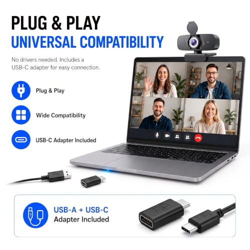 1080P Webcam with Microphone, Privacy Cover & USB-C Adapter | 105° FOV, Fixed Focus, Auto Light Correction, Plug & Play USB-A Camera with Tripod for Zoom, Teams, FaceTime and YouTube