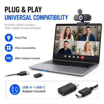 1080P Webcam with Microphone, Privacy Cover & USB-C Adapter | 105° FOV, Fixed Focus, Auto Light Correction, Plug & Play USB-A Camera with Tripod for Zoom, Teams, FaceTime and YouTube