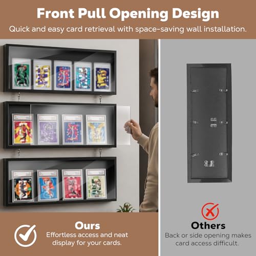MoKo Card Display Case, 3-Pack Wall Mount for 12 Graded Cards | Clear acrylic and pine trading card display case with side access; use each case alone or combine as a graded card display - color: Black