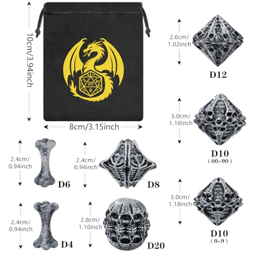 DND Dice Set, Features Skeleton Theme Dice Set, Resin Material, DND Starter Set, 7pcs Polyhedral Dice Set with Dice Bag, Role Playing Board Games Accessories, Grey