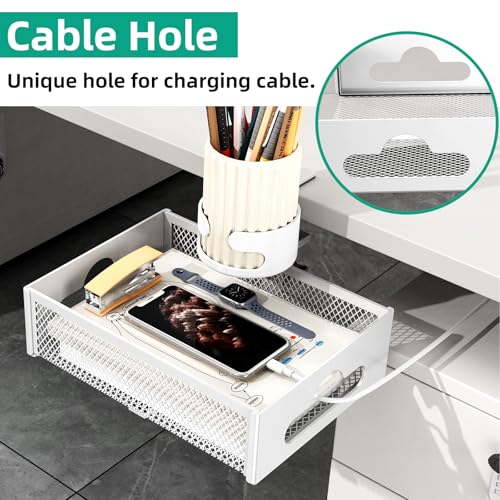 CABTE Desk Cup Holder with Drawer Organizer with 360° Rotation | Anti-Spill Clip-On Table Cup Hook Hidden Storage Box for Office Home Gaming Table (White) - color: White