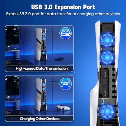 FASTSNAIL Cooling Fan wih LED Light for PS5 Slim/Pro Disc/Digital Console | Efficient Cooling & 3 Fan, Auto Power On/Off, Adjustable Speed, USB3.0 Port & LED Light, Quiet Cooler System for PS5 Slim/Pro - color: Matte Black