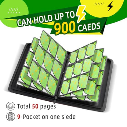 Trading Card Binder 9 Pocket,900 Pocket Card Collection Binder with 50 Removable Sleeves,PU Waterproof Top Card Book,3-Ring Zipper Collectible Trading Card Album for MTG/TCG/Card Holder Gift(Green) - color: Green, size: Large