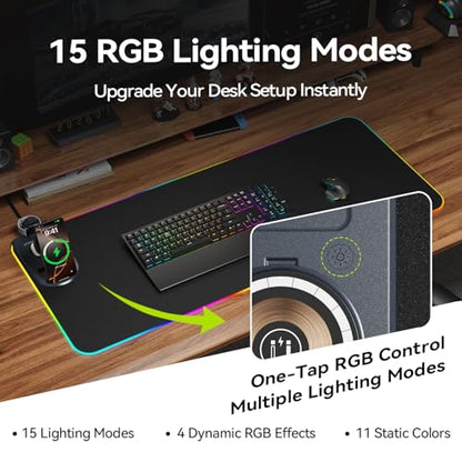Wireless Charging RGB Mouse Pad 3-in-1, 800×300mm Extended Desk Mat, Fast Charging for Phone, Earbuds and Watch, Large Gaming Mouse Pad with LED Lighting