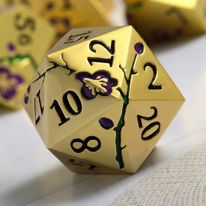 DNDND Metal Dice Set, 7 PCS Metallic Flowers DND Dice with Gorgeous Gift Case for D&D Dungeons and Dragon Tabletop Game (Purple Flowers with Gold) - color: Flower Gold Purple