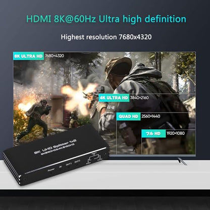 8K@60Hz HDMI Splitter 1 in 2 Out, 1x2 HDMI 2.1 Splitter Support 4K@120Hz, 1080P@240Hz VRR HDCP2.3 HDR HDR10 48Gbps EDID Dolby Atmos 7.1ch - size: 1x2