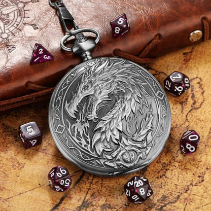 Mini DND Dice Set, 7-Piece Polyhedral Acrylic D&D Dice, with Steampunk Dragon Large Pocket Watch Case, DND Gift Bag with Dragon Logo, Role Play Board Game Accessories, Dark Silver + Purple - color: Silver + Purple