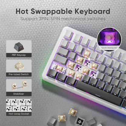 RedThunder K75 Wireless Mechanical Keyboard, CNC Knob, Tri-Mode BT5.0/2.4GHz/USB-C Hot Swappable Custom, Cremy Sound, Pre-lubed Linear Switches, RGB Gaming Keyboard, Side Fonts, Gradient White-Gray - color: S Gradient White-Gray