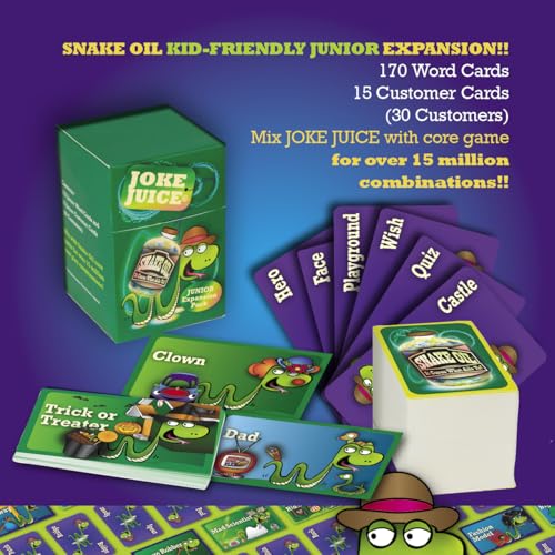SNAKE OIL Joke Juice Expansion Pack, Junior Card Game, 170 Word Cards | Award-Winning Game, 3-10 Players, 15 Customer Cards (30 Customers), For Friends and Family Ages 8+