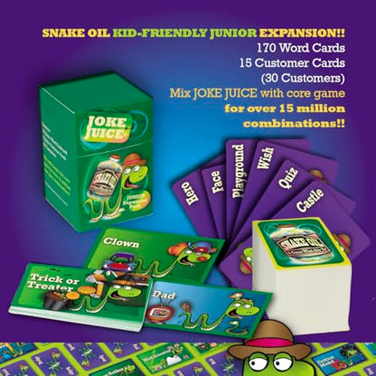 SNAKE OIL Joke Juice Expansion Pack, Junior Card Game, 170 Word Cards | Award-Winning Game, 3-10 Players, 15 Customer Cards (30 Customers), For Friends and Family Ages 8+