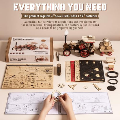 rowood 3D Wooden Puzzles for Adults, Steam Engine Car Model Kit, 1:28 Scale Mechanical Steam Locomotive Wooden Puzzle, 469PCS,Assembly Time 6H, Awesome Gifts for Adults