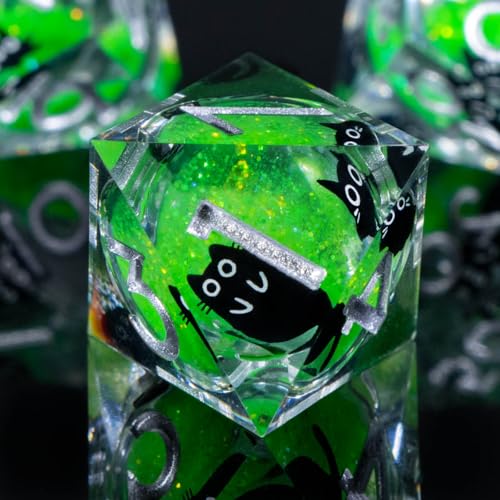 Roycevon Resin DND Dice Set with Gift Box, 7Pcs Liquid Core Cat D&D Dice, Cute Dungeons Dragons D and D Dice, Sharp Edge Role Playing Game Dice D20 D12 D10 D8 D6 D4, Green - color: Green