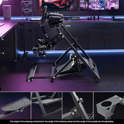 Hottoby X-Shaped Foldable Racing Steering Wheel Stand With Seat Fixing Slot and Water Cup Holder Fit for Logitech/for Thrustmaster/for Moza G29, G920, G923, T300RS Adjustable No Wheel