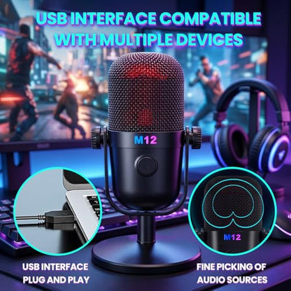 USB Microphone for PC Gaming, Condenser Mic with RGB Gradient, Noise Reduction, Round Stand Desk Podcast Mic for YouTube, Streaming, Podcasting & Recording