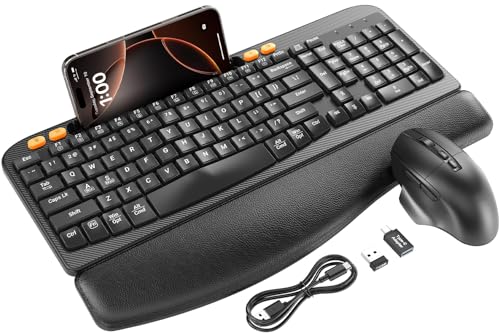 Ergonomic Wireless Keyboard and Mouse Combo with Wave Key | Leather Soft Palm Rest, Rechargeable, 4-Level DPI, Phone Holder, 2.4GHz, MA22 Plus Full Size Set for PC, Laptop, Windows, Mac - color: Black&Orange