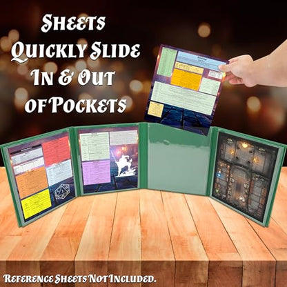 CASEMATIX DM Screen PU Leather 8-Panel Deluxe GM Screen - Eight Panel Folding Game Master Screen with 2 Swinging Panels and Wet Erase Pockets for TTRPGs - Green, Inserts Not Included, Green - color: Green
