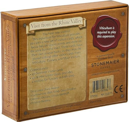 Stonemaier Games: Viticulture: Visit from the Rhine Valley Expansion by Jamey Stegmaier & Tido Lorenz | 80 New Uniquely Illustrated Visitor Cards | Add to Viticulture (Base Game) | 1-6 Players, 90 Min