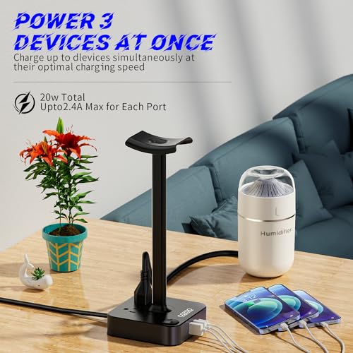 COZOO Headphone Stand with USB Charger Desktop Gaming Headset Holder Hanger with 3 USB Charging Station and 2 Outlets Power Strip,Suitable for Gaming, DJ,Wireless Earphone Display, Gamer Gifts for Men | Gaming Headset Stand Holder for Desk, 3 USB(1 USB C)