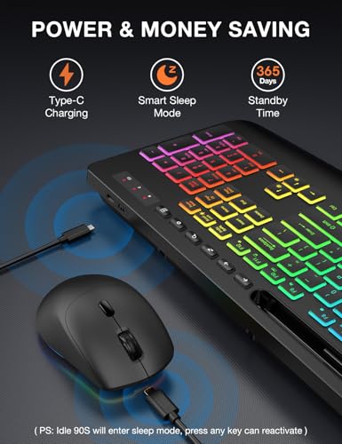 Wireless Keyboard and Mouse Combo - 9 Backlit Effects, 2.4GHz | Ergo Wrist Rest, Phone Holder, Full Size, Rechargeable, Sleep Mode, KM22 MAX Quiet Set for Computer, PC, Laptop, Mac, Windows - color: Classic Black