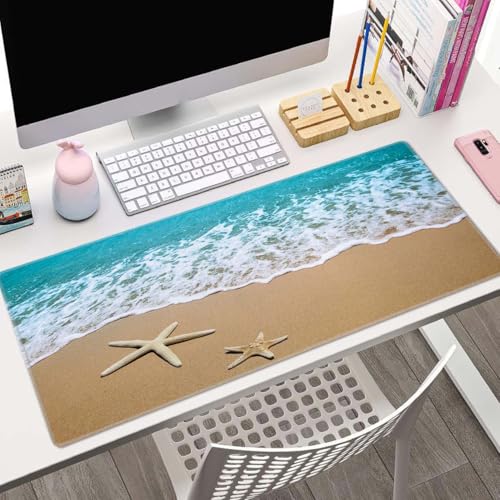 Beach Starfish Desk Pad Mouse Pad,Large Gaming Mouse Mat with Stitched Edges,Non-Slip Waterproof Rubber Base Mous Mat for Office Computer Keyboard Laptop Home(31.5X11.8 in) - color: Beach Starfish