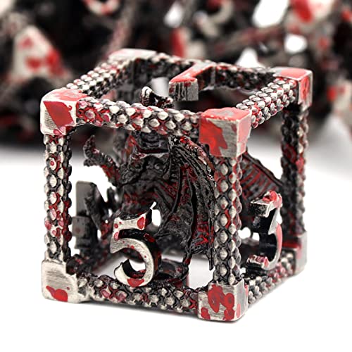 DND Dice Set,3D Hollow Dragon Metal 7-Die,Silver Blood Spot | Copper construction,68g Balanced weight,Engraved numbers,Gift box and Velvet bag for DND RPG play - color: 3d Silver Blood Spot