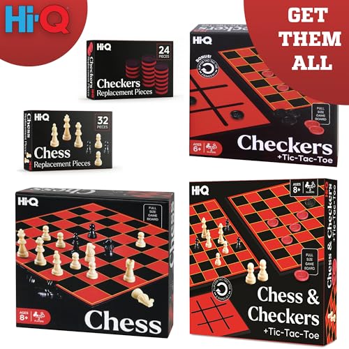 HI-Q Checkers & Tic-Tac-Toe Board Game Set – Classic Strategy for Kids & Family – Features Interlocking Stacking Pieces & Folding Board – Ages 6+