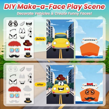 Cars Reusable Sticker Book for Toddlers, DIY Make-a-face Jelly Stickers | Make A Face & Scene Decoration Play, Washable and Reusable Jelly Stickers, Portable Travel Friendly, Airplane Trip Essentials - style: Car