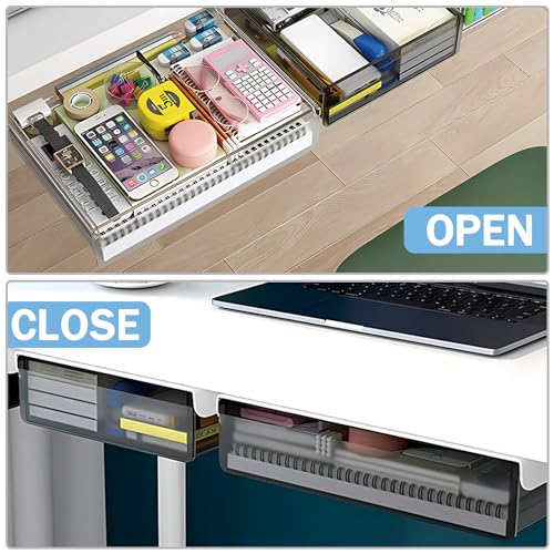 SVNNELP Large Under Desk Table Drawer Storage Organizer A4, Hidden Self-Adhesive Under Desk Pencil Tray Drawer for Office (Clear Black/L) - size: L