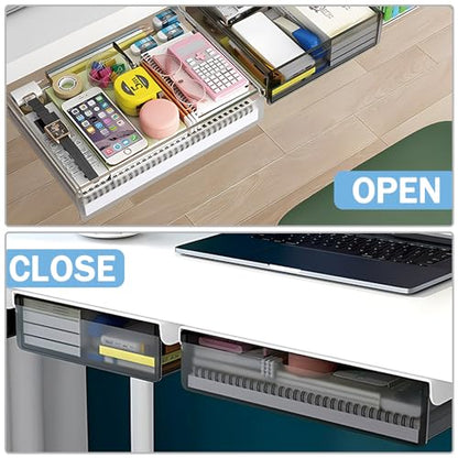 SVNNELP Large Under Desk Table Drawer Storage Organizer A4, Hidden Self-Adhesive Under Desk Pencil Tray Drawer for Office (Clear Black/L) - size: L