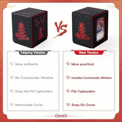 Chinese Takeout Deck Box Fits 35+ Toploader (Black and Red) | Holds 120 Single/100 Double-Sleeved Cards, Fit MTG/PTCG/OPTCG Cards, Strong Magnet, PU Leather, With 2 Dividers & 1 Toploader - color: Black and Red