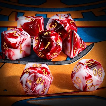 QMAY DND Dice Set -D&D Polyhedral Dice (7 Pcs) for Dungeons and Dragons (Blood red and White) - color: Blood Red and White