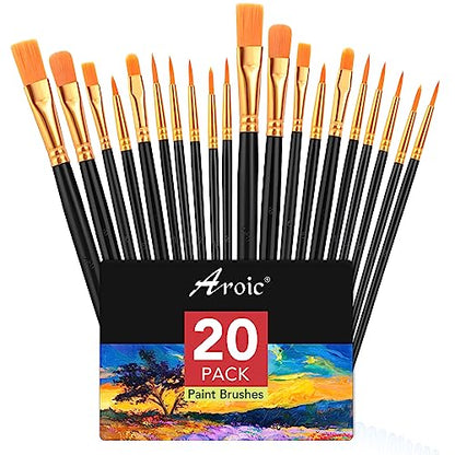 AROIC Acrylic Paint Brush Set, 2 Packs / 20 pcs Nylon Hair Brushes for All Purpose Oil Watercolor Painting Artist Professional Kits (Black) - size: 20pcs