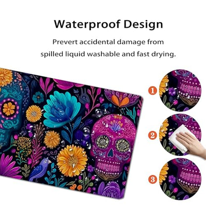31.5”x11.8”Large Gaming Mouse Pad for Desk, Mouse Mat with Seamed Edges, Waterproof Desk Pad, Non-Slip Rubber Base, Keyboard Pad Computer Mat, Big XL Mousepad-Skull Flower - color: Skull Flower
