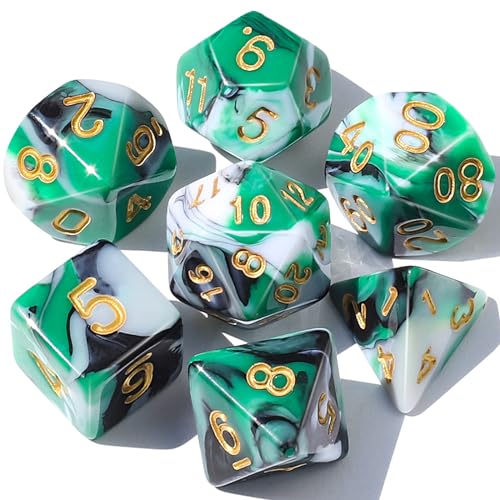 CiaraQ 7pcs Polyhedral Dice Set for Dungeon and Dragons MTG Table Games | Acrylic Role Playing Dice for D&D with Black Velvet Bag – Green, Black & White Swirl – Standard Size – Ages 14+ - color: Green-black-white Swirled