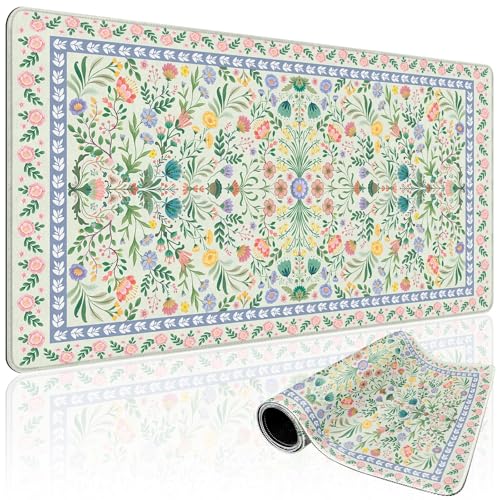 Green Floral Desk Mat Large Mouse Pad 31.5"x15.7" Non-Slip | Extended Mousepad, Non-Slip Rubber Base , Stitched Edges, for Computer/Laptop/Office/Home - color: Green Floral