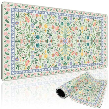 Green Floral Desk Mat Large Mouse Pad 31.5"x15.7" Non-Slip | Extended Mousepad, Non-Slip Rubber Base , Stitched Edges, for Computer/Laptop/Office/Home - color: Green Floral