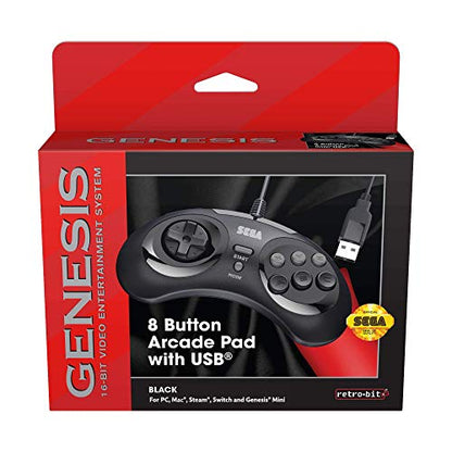 Retro-Bit Official Sega Genesis USB Controller 8-Button Arcade Pad for Sega Genesis Mini, Switch/Switch 2, PC, Mac, Steam, RetroPie, Raspberry Pi - USB Port (Black) - color: Black
