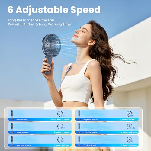HandFan Quiet 6 Inch Handheld Fan [34H Max Cooling Time], 6 Speed Rechargeable Personal fan and Desktop with Base, 180° Foldable for Travel Concerts Makeup Office (Grey) - color: grey