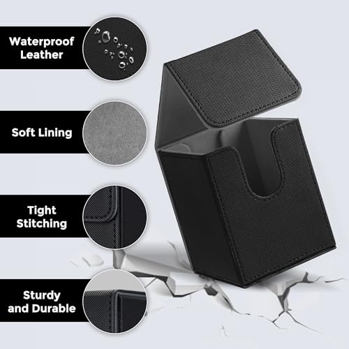 MTG Deck Box with 2 Dividers, Large Capacity Commander Deck Box Fits 100+ Double-Sleeved Cards, PU Leather Card Case Compatible with Magic Commander YuGiOh TCG CCG, Black - color: Black 01, size: Vertical, 100 Double-sleeved Cards