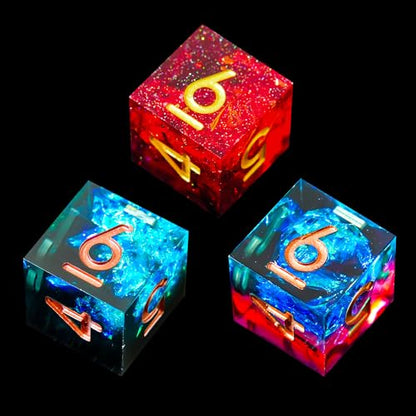 3Pcs D6 DND Dice with Resin Sharp Edge D&D Dice, Random Color and Style 6 Sided Dice 16mm Handmade Polyhedral for DND Roleplaying Games(Random Set) - color: D6-blue Red+red+blue Dark