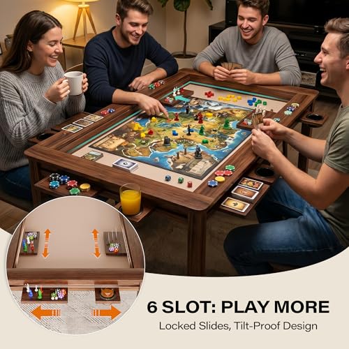 Board Game Table with Removable Table Top, 54” x 31” Play Area, Gaming and Dining Table with EVA Play Mat, Detachable Cup Holders and Trays for 6 Players, for Card, DND and Poker, Walnut - size: REC Table