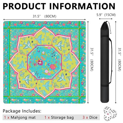 Mahjong Mat with Carrying Bag and 3 Dice, 31.5" X 31.5" Noise Reduction Mahjong Table Cover, Non Slip Gaming Mat for Board Tile Games Poker Card Dominoes, Mahjong Gifts for Women Mahjong Accessories - color: A0201