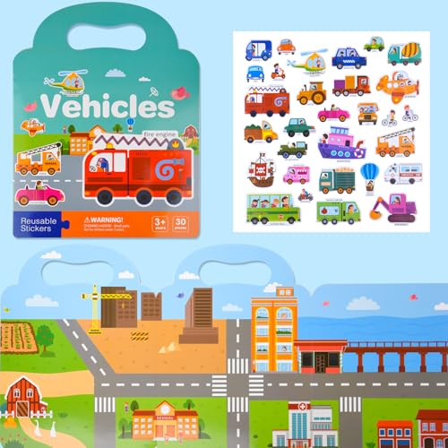 ASTARON 3 Pack Reusable 3D Puffy Sticker Book for Kids 3-6, Jelly Sticker Game Educational Sensory Learning Toy,Travel Stickers and Busy Book - style: Vehicle Animals Dinosaur