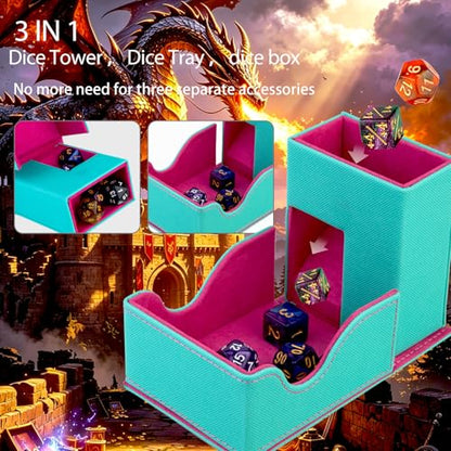 Dice Roller Tower, Premium DND Magnetic Dice Tray, Foldable PU Leather Dice Tower RPG Gifts for Dungeons and Dragons MTG Dm & Player Turquoise/Pink（Flame Dragon） - color: Turquoise/Pink