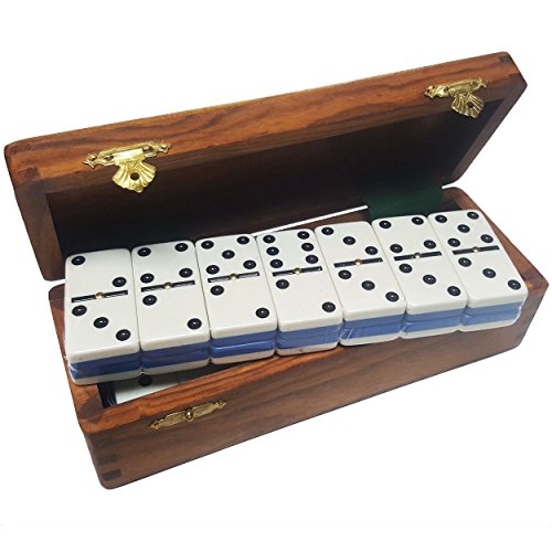 Marion Domino Double Six Two Tone Blue & White Jumbo Tournament Professional Size with Spinners in Dovetail Sheesham Wood Box. - color: Two Tone Blue-white