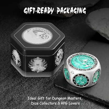 DNDND Unique Spinner D&D Dice, 8-in-1 Hexagonal Metal Dice with Dual D20 Monster Themed Dice Set for DND Dungeons and Dragons, Dungeon Masters with Collectible Gift Tin (Silver with Green) - color: Silver Green