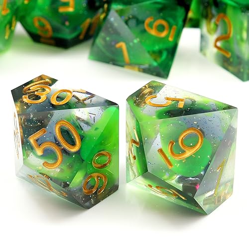 Haxtec Glitter DND Dice Set Sharp Edge Dice with Dice Case Handmade Green Resin D&D Dice Set for TTRPGs Compatible with Dungeons and Dragons Gifts - color: Green Black Gold