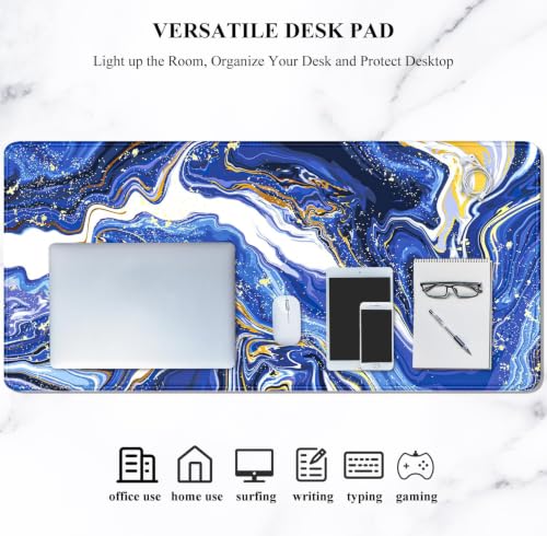 Auhoahsil Large Gaming Mouse Pad, Marble Theme XXL 35.4 x 15.7 in Desk Pad Stitched Non-Slip Rubber Long Computer Mousepad Thin Extended Full Size Desk Mat for Desktop Laptop Wireless Mice, Blue - color: 10 Navy Marble, size: 35.5L x 15.7W inches